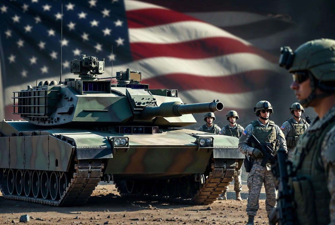 U.S. Army tank and soldiers before the American flag — defense readiness