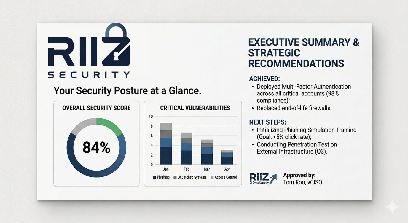 Sample RiiZ Security monthly report showing an 84% overall security score and critical vulnerability trends